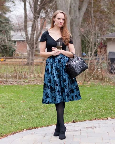 Black V Neck Tee with Purple Printed Midi Taffeta Flared Skirt