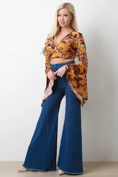 Mustard Yellow Printed Bell Sleeve Cropped Blouse with Flared Jeans