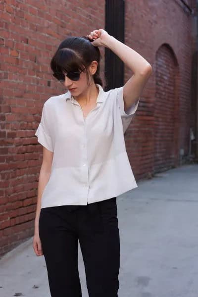 Short Sleeve Button Up Silk Blouse with Black Slim Fit Jeans