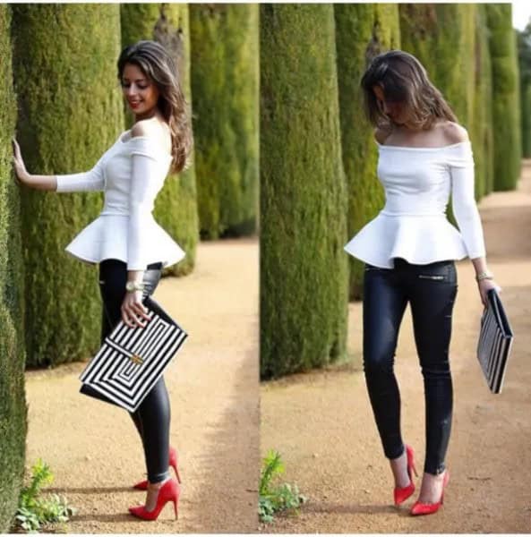 White Off The Shoulder Peplum Top with Black Leather Pants