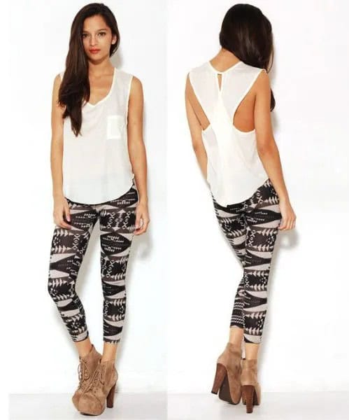 White Cutout Back Tank Top with Black Printed Leggings