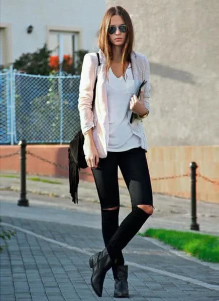 White V Neck Tee with Ivory Blazer & Boots