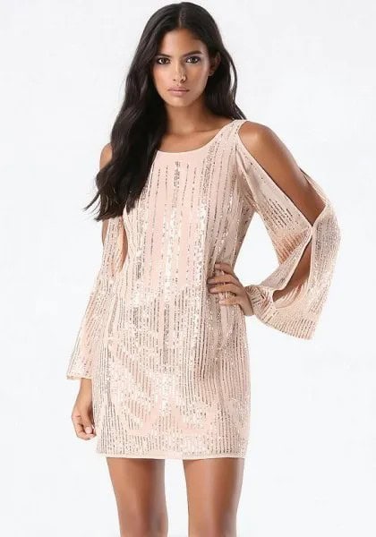 Pale Pink Long Sleeve Cold Shoulder Sequin Cocktail Dress