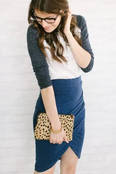 Baseball Tee with Navy Tulip Skirt & Cheetah Clutch Bag