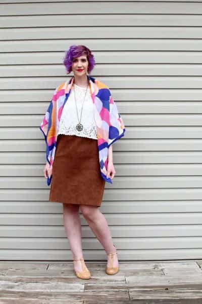 Royal Blue and Pink Printed Chiffon Cardigan with Grey Skirt & Gold heels