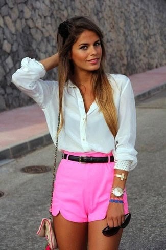 Shocking Pink Mini Shorts with White Button Up Shirt