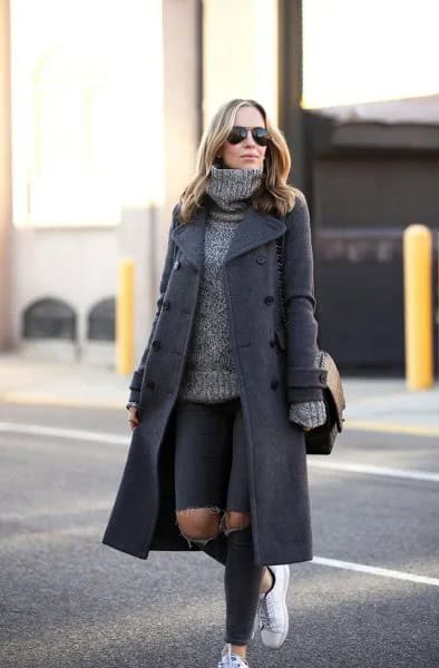 Grey Wool Maxi Coat with Turtleneck Chunky Sweater