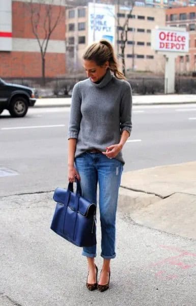 Grey Turtleneck Knit Sweater with Blue Cuffed Jeans & Matching Briefcase