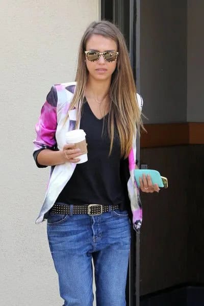 Black Vest Top with White and Grey Printed Blazer & Studded Belt