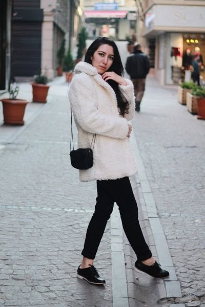 Pale Pink Teddy Coat with Cuffed Chinos