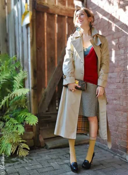 Black Loafers with Red Cardigan & Beige Long Trench Coat