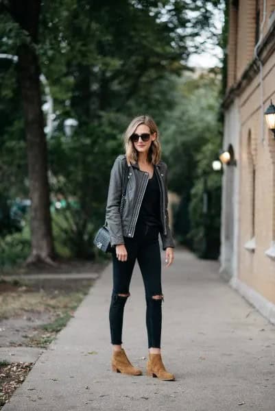 Grey Leather Jacket with All-Black Outfit