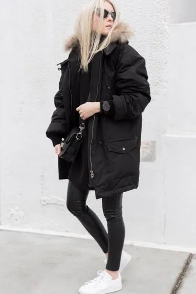 Long Oversized Winter Black Coat with Dark Grey Skinny Jeans & White Sneakers