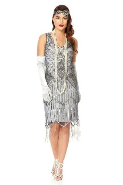 Silver Sequin Gatsby Style Midi Dress with Long Silk Gloves