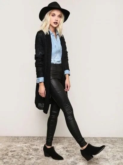 Black Knit Cardigan with Chambray Shirt & Black Leather Pants