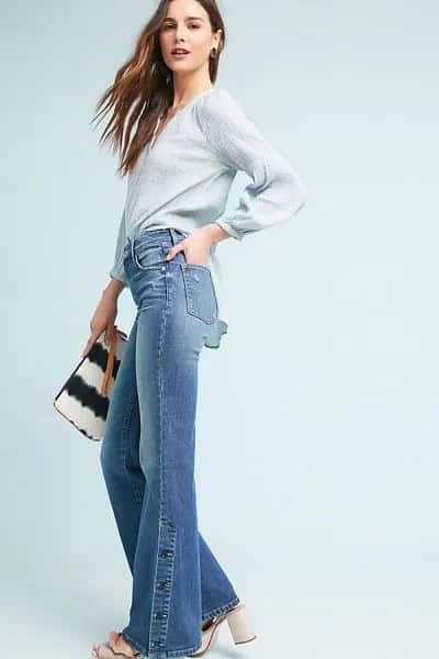 Pale Blue Chiffon Long Sleeve Blouse with Blue High Waisted Boot Cut Jeans