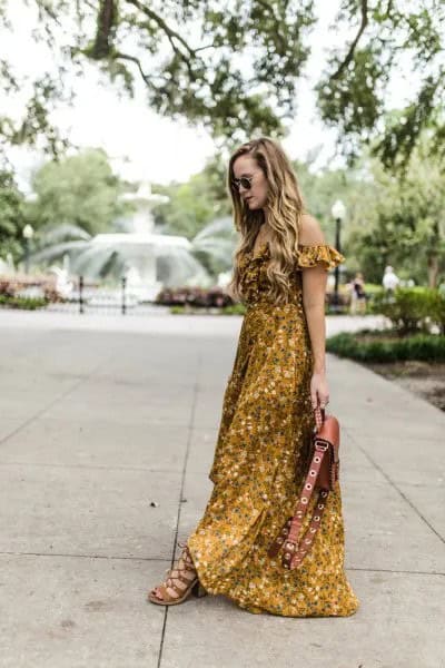 Off The Shoulder Floral Printed Floor Length Dress