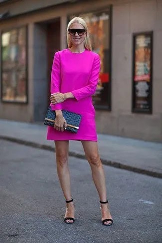 Hot Pink Long Sleeve Mini Sheath Dress with Navy Sandals