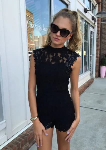 Black Mock Neck Sleeveless Lace Romper