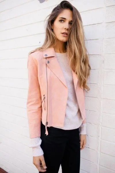 Pink Leather Jacket with White Crew Neck Ribbed Sweater