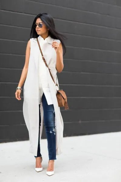 White Maxi Sleeveless Shirt Dress with Blue Skinny Jeans