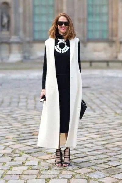 White Maxi Vest with Black Midi Dress