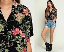 Black Hawaiian Shirt with Denim Mini Shorts & Baseball Cap