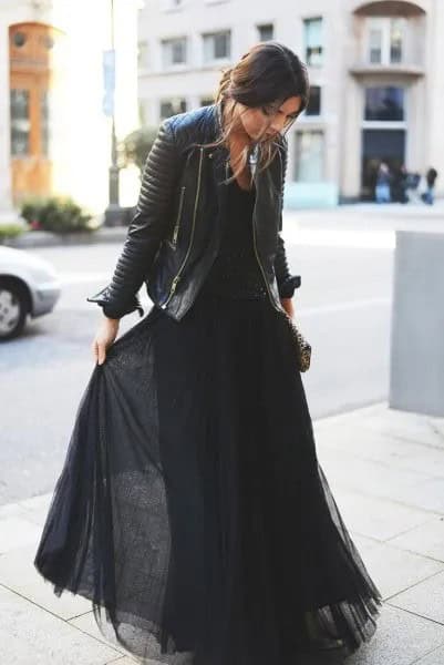 Black Chiffon Maxi Flare Dress with Leather Jacket