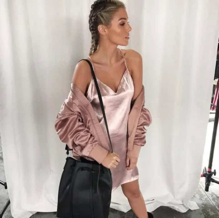 Silver Slip Silk Dress with Rose Gold Bomber Jacket