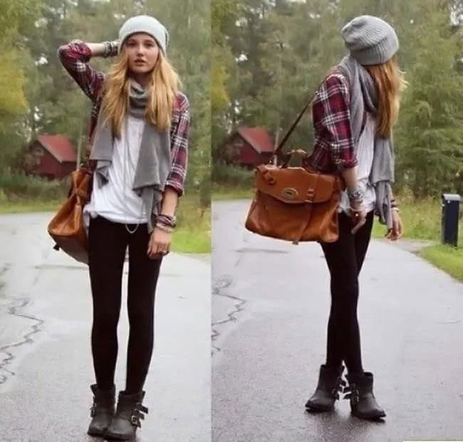 Grey and White Plaid Boyfriend Shirt & Black Leggings & Ankle Boots