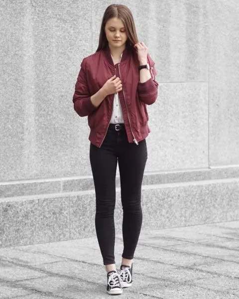 Maroon Bomber Jacket with White Button Up Shirt