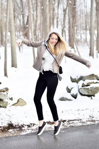 Grey Denim Blazer with Hoodie & Black Leather Platform Sneakers