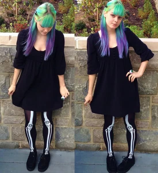 Black Half Sleeve Scoop Neck Shift Dress with Skeleton Leggings