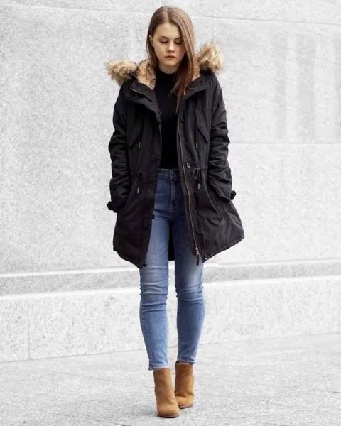 Parka Jacket with Black Sweater & Mom Jeans