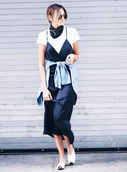 Black Satin Scarf with White T Shirt & Cami Maxi Dress