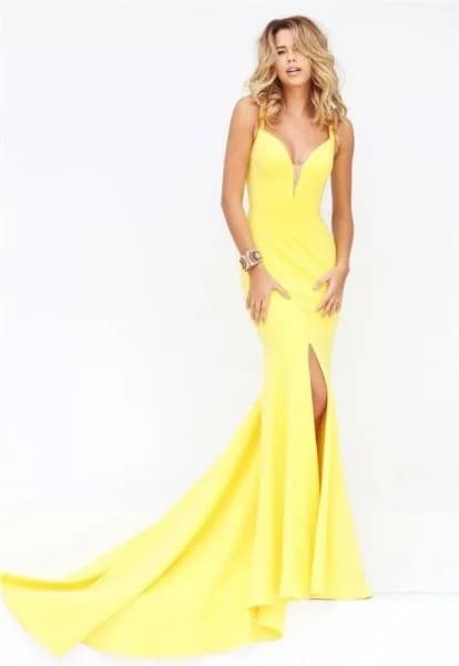 Lemon Yellow Plunging Neckline Mermaid Dress