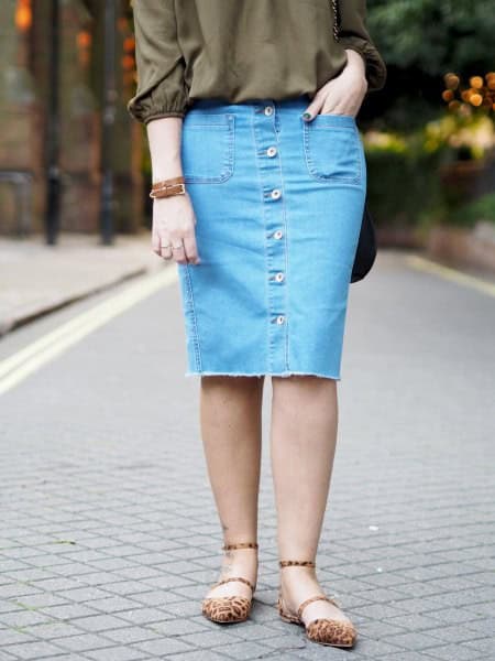 Green Buttonless Blouse with Blue Denim Button Front Knee Length Skirt