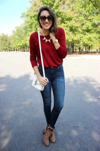 Red Crew Neck Sweater with Statement Necklace