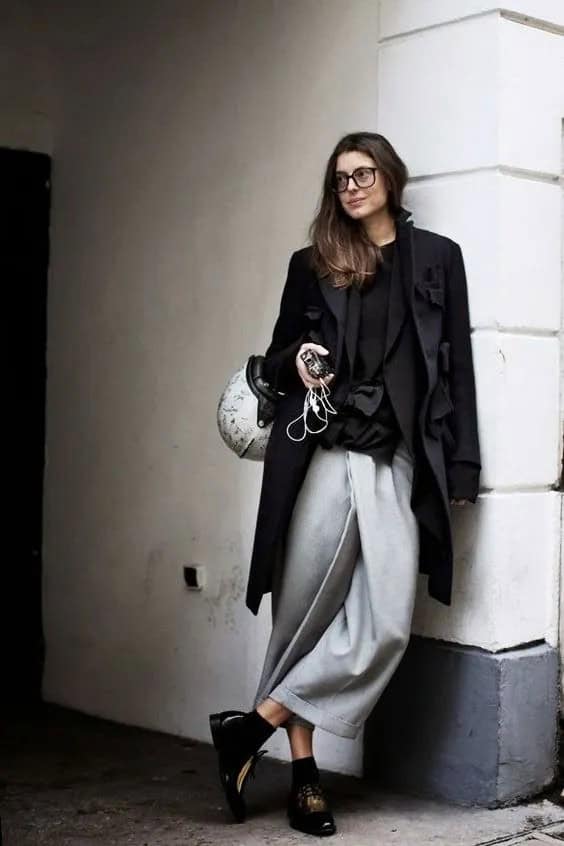 Black Trench Coat and Culottes Grey Chinos Outfit