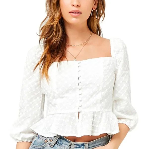 White Puff Sleeve Ruffle Square Neck Blouse with Jeans