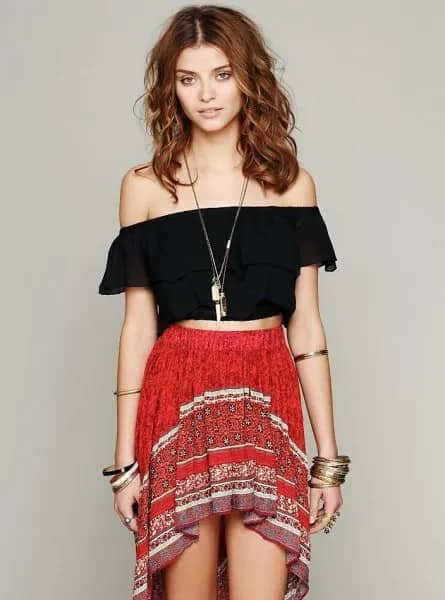 Black Off The Shoulder Cropped Blouse with Red High Low Mini Bohemian Skirt