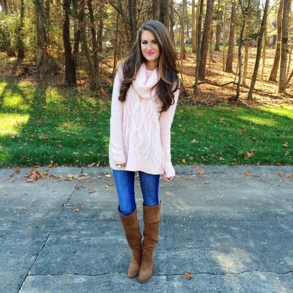 White Cable Knit Chunky Sweater with Blue Jeans & Over The Knee Boots