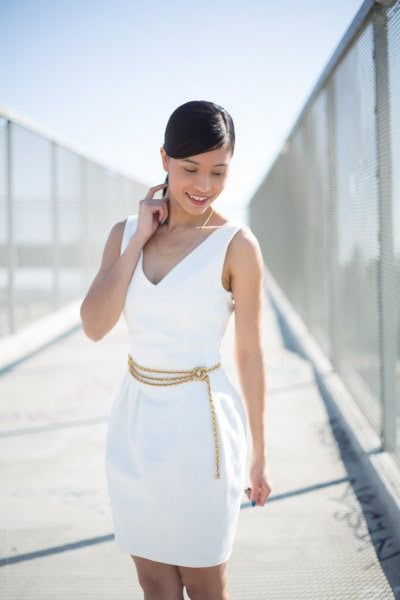 White V Neck Mini Sheath Dress with Chain Belt