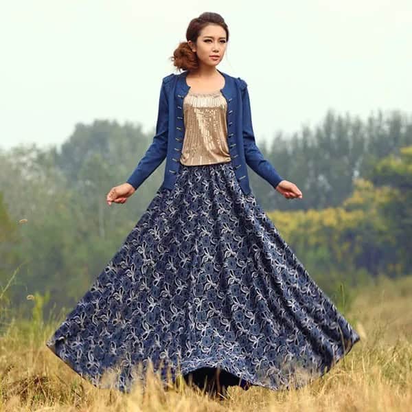 Navy Blue Tribal Printed Maxi Flared Skirt with Cardigan