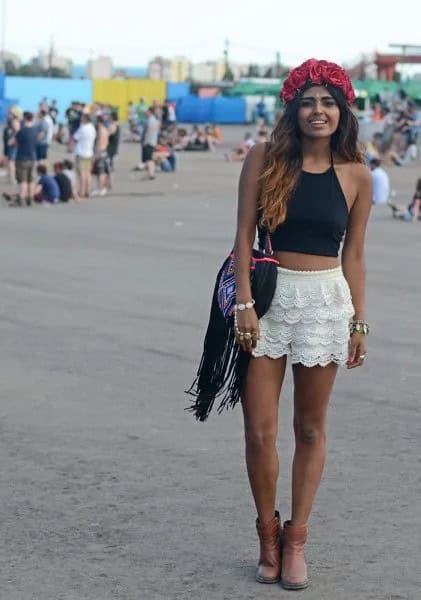 Black Halter Crop Top with White Crochet Mini Shorts