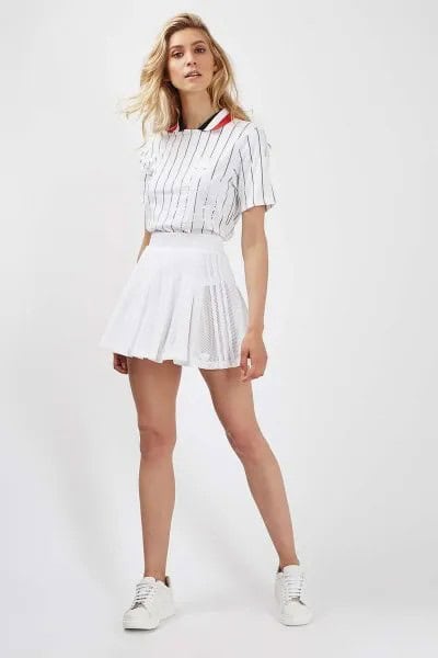 Tennis Skirt with Black and White Vertical Striped Polo Shirt