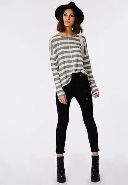 Grey and White Striped Long Sleeve Tee with Cuffed High Waisted Black Skinny Jeans