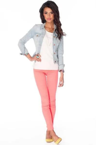 Blue Denim Fitted Jacket with Pink Jeans