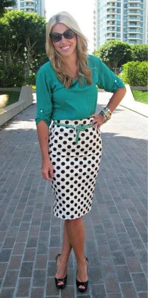 Light Teal Buttonless Shirt with Black and White Polka Dot Midi Skirt