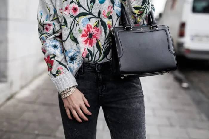 Grey Knit Sweater with Black Skinny Jeans & Leather Briefcase